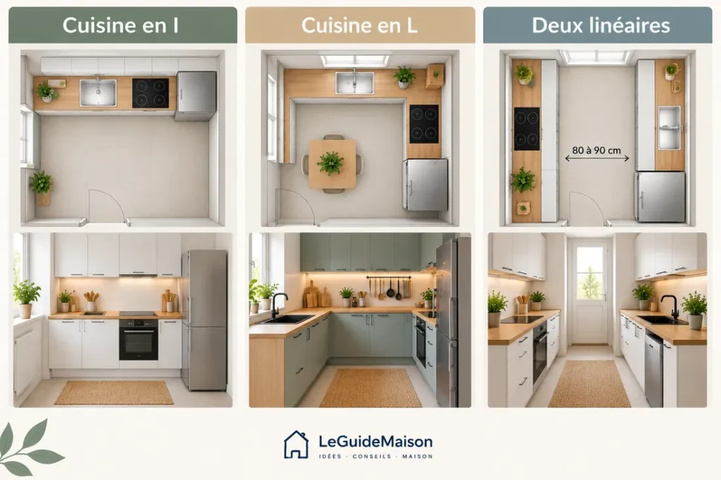 Implantations pour aménager une petite cuisine en I, en L et sur deux linéaires