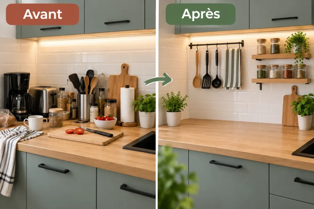 Plan de travail d’une petite cuisine avant et après optimisation