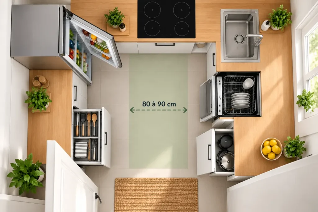 Espace de circulation avec portes et tiroirs ouverts dans une petite cuisine